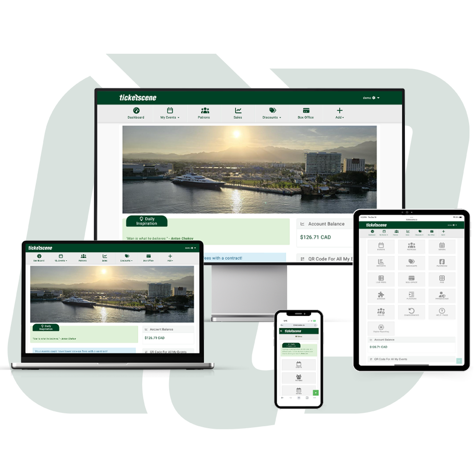 Ticketscene website on smartphone device, tablet, laptop and desktop